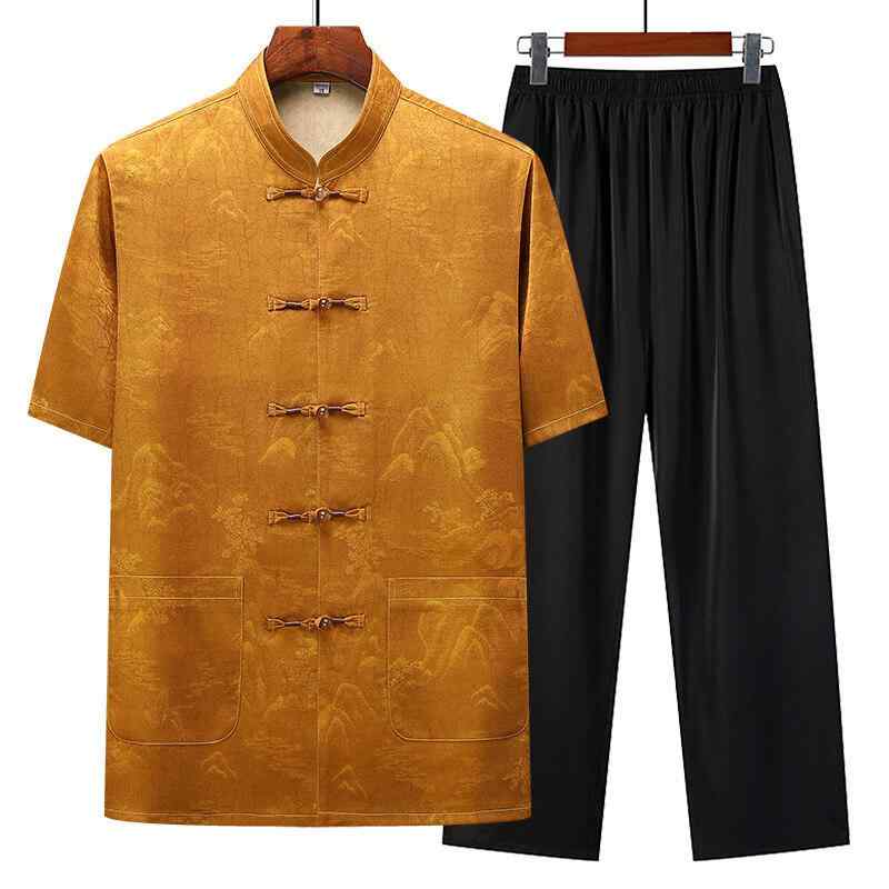 唐装 メンズ 中高年 シニア 夏 半袖 セットアップ 新中華風 太極拳ウェア 飾りボタン カジュアル 普段..