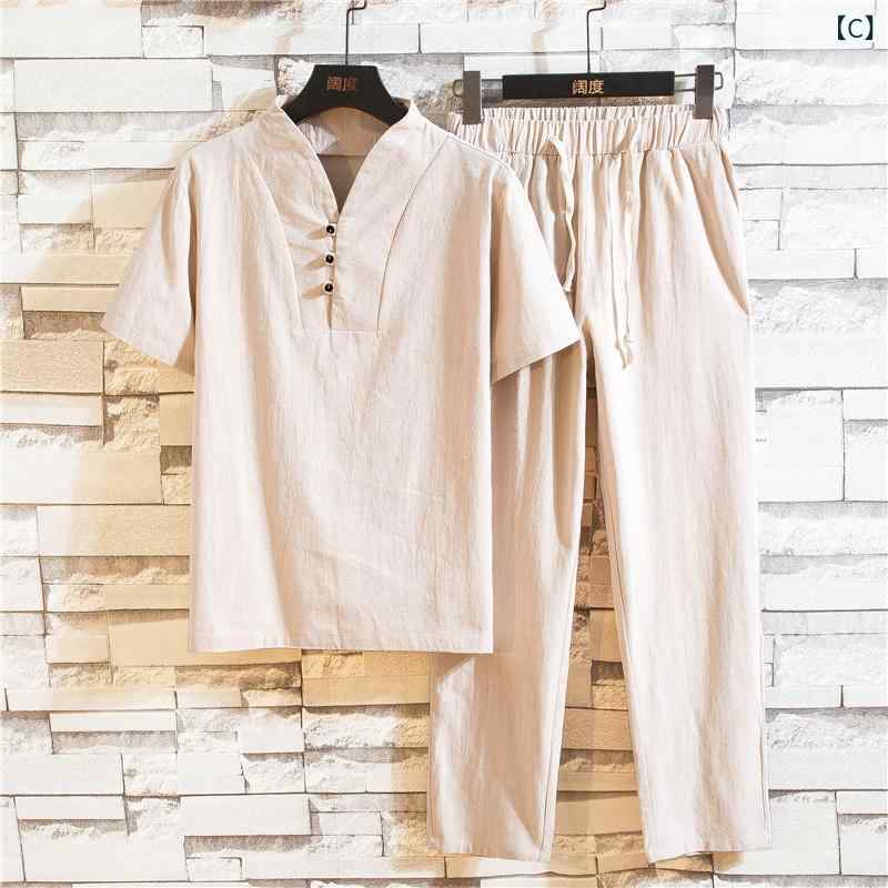 セットアップ メンズ 男性用 綿麻 半袖 Tシャツ トップス 上下セット ゆったり リラックス 9分丈パンツ クロップド丈 カジュアル 部屋着 普段使い 薄手 春夏
