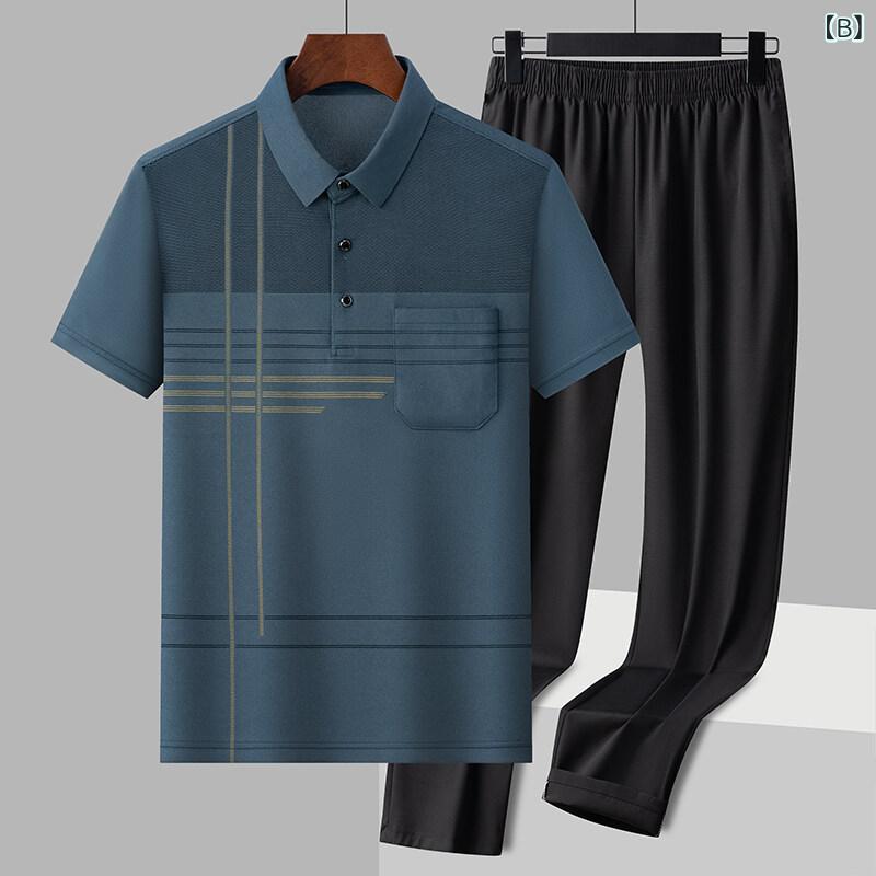 Tシャツ メンズ シニア 半袖 セットアップ ストライプ ポリエステル 薄手 軽量 九分丈パンツ 祖父 父親 ビジネスカジュアル 普段使い 部屋着 スポーツ 春夏