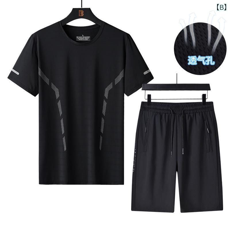 セットアップ メンズ 接触冷感 薄手 軽量 合繊 中高年 カジュアル スポーツウェア クルーネック Tシャツ ショートパンツ 2点セット 春夏