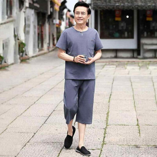 チャイナ服 メンズ シニア 男性向け 半袖 Tシャツ 七分丈パンツ 綿100% 中華風 カジュアル シティスタイル 上下セット 2点セット 夏物 ダークグレー ライトグレー チャイナ服 メンズ シニア 男性向け 半袖 Tシャツ 七分丈パンツ 綿100% 中華風 カジュアル シティスタイル 上下セット 2点セット 夏物 ダークグレー ライトグレー