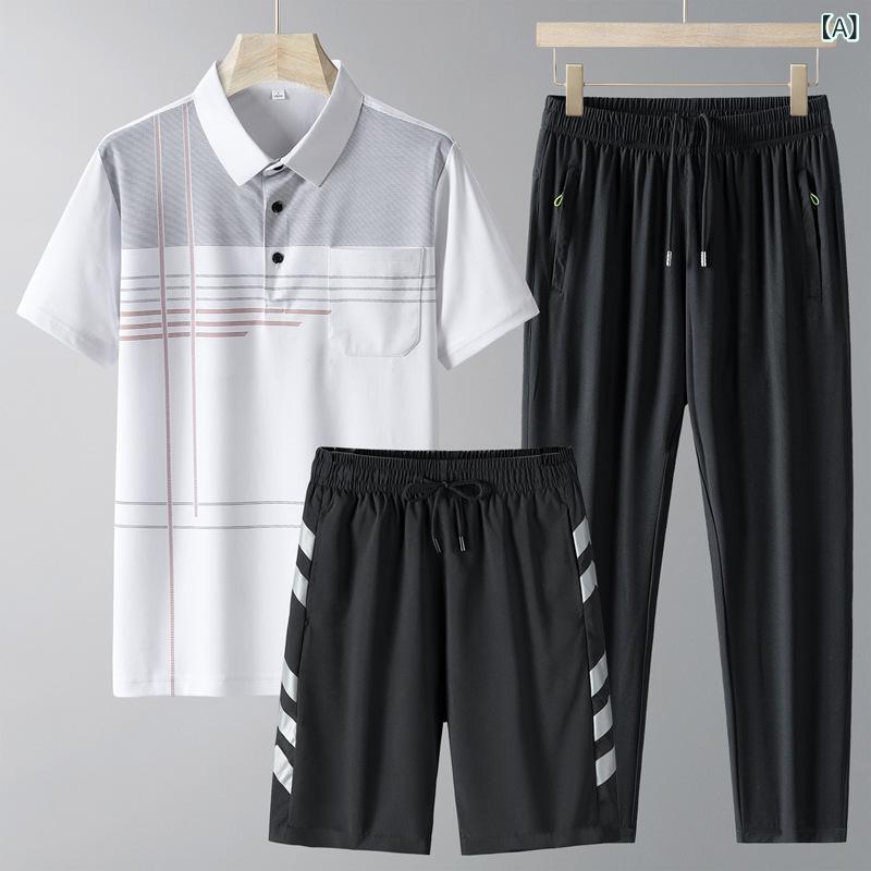 セットアップ メンズ 男性用 夏用 薄手 半袖 ポロシャツ Tシャツ ショートパンツ 麻混 ポリエステル 速乾 吸湿速乾 3点セット カジュアル 普段使い