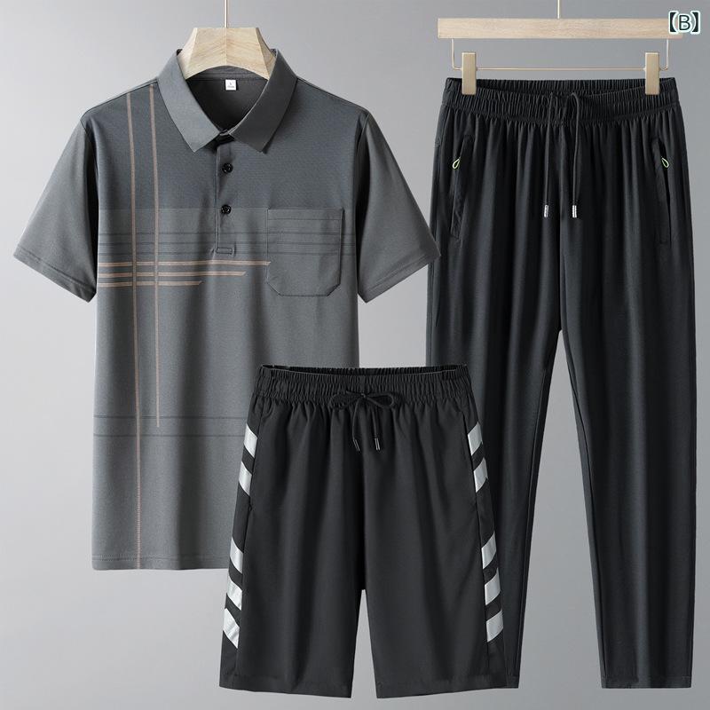 セットアップ メンズ 男性用 夏用 薄手 半袖 ポロシャツ Tシャツ ショートパンツ 麻混 ポリエステル 速乾 吸湿速乾 3点セット カジュアル 普段使い
