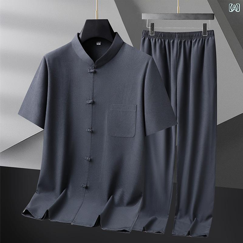 セットアップ メンズ シニア 男性用 中華風 半袖シャツ ロングパンツ 上下セット 薄手 軽量 吸湿速乾 部屋着 ルームウェア 普段着 春夏 ポリエステル ナイロン