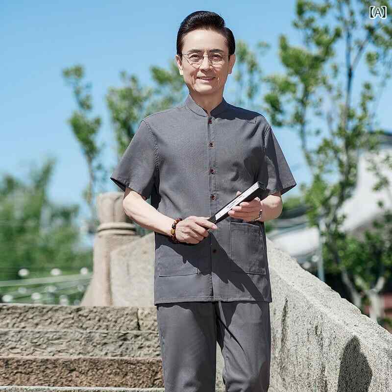 セットアップ メンズ シニア 父親向け 男性用 接触冷感 通気性 半袖 ロングパンツ 綿 コットン 中国風 中華風 カジュアル 普段使い 夏 サマー 2点セット ダークグレー ライトグレー