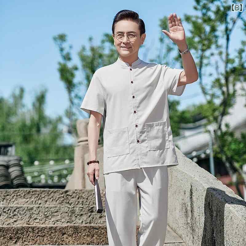 セットアップ メンズ シニア 父親向け 男性用 接触冷感 通気性 半袖 ロングパンツ 綿 コットン 中国風 中華風 カジュアル 普段使い 夏 サマー 2点セット ダークグレー ライトグレー