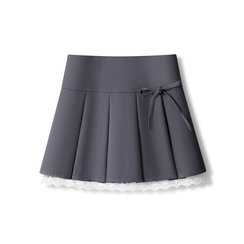 スカート レディース 女性用 Aライン プリーツ ミニ丈 ショート丈 レース 切り替え 無地 ポリエステル グレー 細見え 着痩せ オフィス 通勤 普段使い 春夏(4)