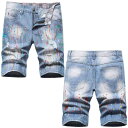 デニム ショートパンツ メンズ ヒップホップ スプラッシュペイント ダメージ加工 クラッシュ ブリーチ ウォッシュ コットン ストレート 春夏 ストリート カジュアル 普段使い