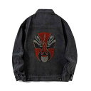 ジャケット メンズ 春秋 デニム 京劇フェイス柄 ルーズフィット 薄手 コットン 防風 耐摩耗性 中国風 襟付き シャツスリーブ 立体パッチポケット 普段使い デイリーユース