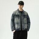 ジャケット メンズ デニム ウォッシュ加工 アメリカン レトロ ヴィンテージ ストリート カジュアル ビッグシルエット ゆったり ルーズフィット 普段使い 着回し 丈夫 ポケット付き マリンブルー