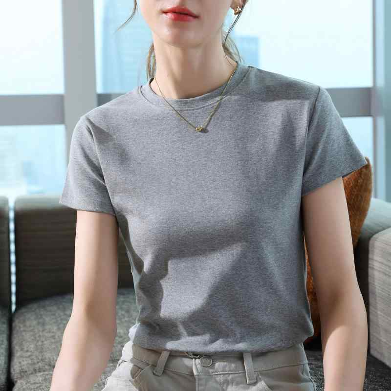 Tシャツ レディース 夏 ラウンドネック 丸首 半袖 綿 コットン 無地 ベーシック 定番 着回し ウエストシェイプ 細見え スリムフィット ブラック ホワイト グレー(x2)(4)