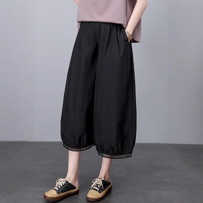 レディース ボトムス 黒 接触冷感 ひんやり ランタン型 バルーン型 ワイド ゆったり 七分丈 クロップド丈 綿 コットン 薄手 軽量 ポケット付き ミドルウエスト カジュアル ママ 普段使い 春夏