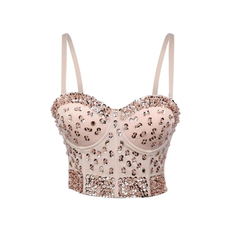 ビスチェ レディース セクシー スタッズ 鋲付き 欧米風 舞台衣装 ステージ パフォーマンス ダンス 着回し スリムフィット タイト ポリエステル 伸縮性 ホワイト キャミソール 女性用