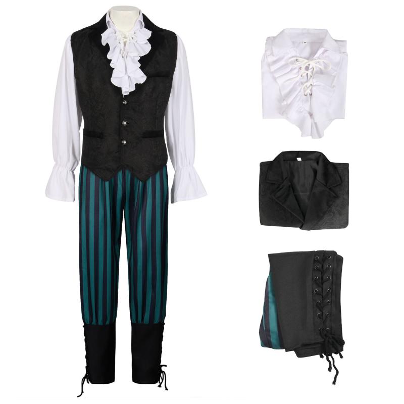 コスプレ衣装 成人 ユニセックス 中世 ルネサンス ヨーロッパ 演劇 舞台 イベント 仮装 平民 庶民 ポリエステル パフスリーブ トップス グリーン ストライプ パンツ 切り替え ベスト