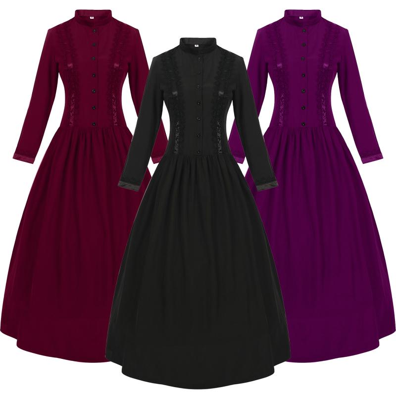レディース 中世風ドレス ハロウィン コスプレ 舞台衣装 イベント レトロ ヴィンテージ スタンドカラー ハイネック ロング丈 エレガント 上品 ポリエステル ボリュームフレア Aライン