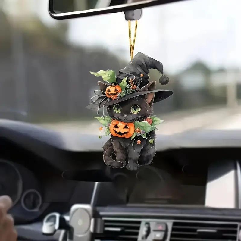 カーアクセサリー ハロウィン クリスマス 猫モチーフ かわいい キャラクター アクリル製 クリア素材 車内装飾 吊り下げチャーム キーホルダー(x2)