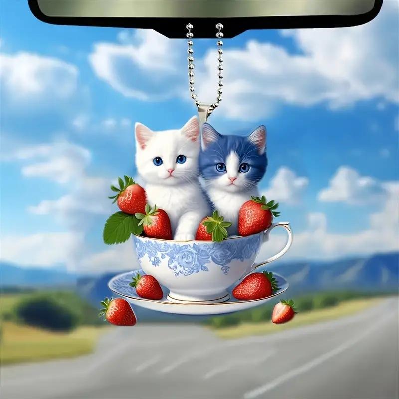 キーホルダー 猫 ねこ アクリル製 車用 オーナメント クリスマス飾り カップ型 かわいい 動物チャーム おしゃれ 軽量 バッグチャーム 平面デザイン(x2)