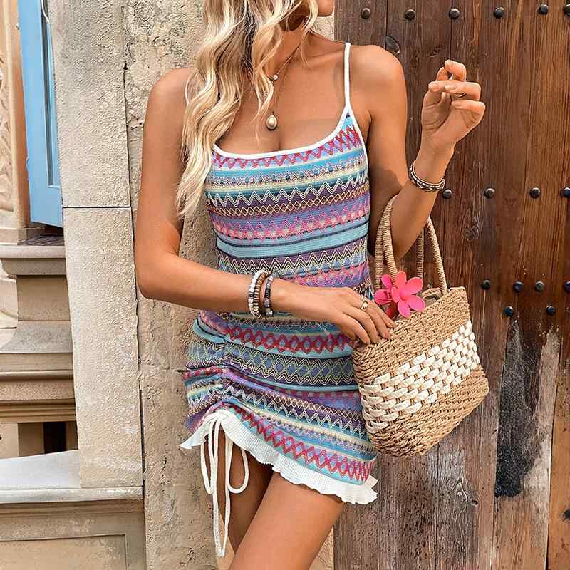 ワンピース レディース 女性用 ニット キャミソール バックオープン ドローストリング ストラップ スクエアネック ハイウエスト エスニック ストライプ柄 ミディ丈 セクシー カジュアル リゾート ビーチ 海辺 旅行 バケーション 春夏