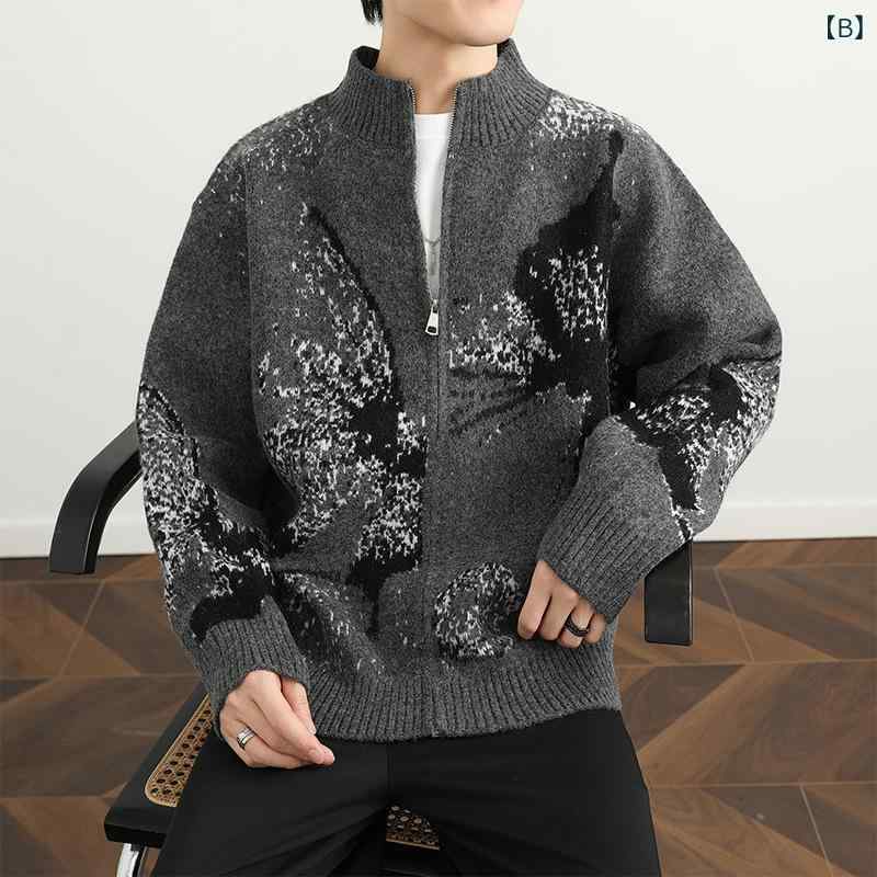 ニット カーディガン メンズ 蝶々柄 ジャカード ダブルジップ クルーネック 長袖 ポリエステル混紡 ストレートシルエット カジュアル 秋冬 ホワイト ダークグレー