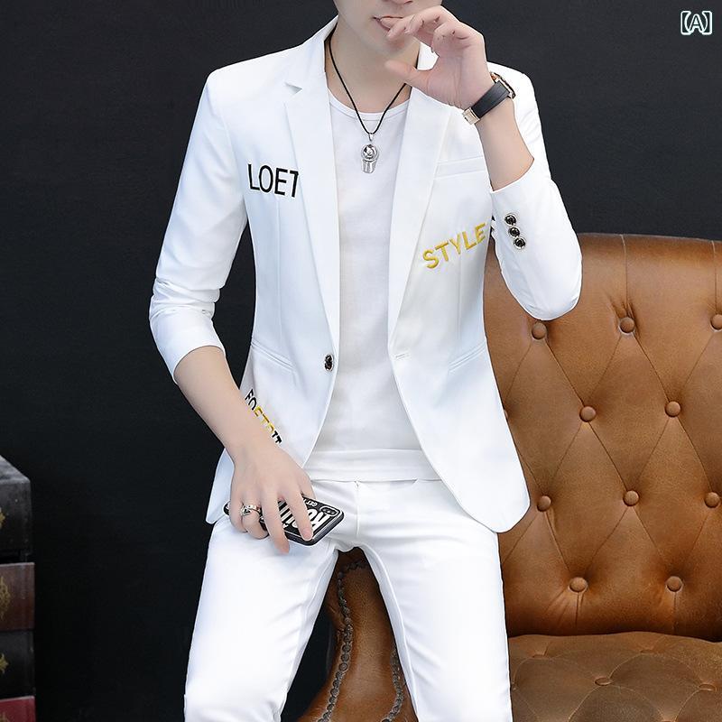 ジャケット メンズ ブレザー 韓国風 スリムフィット 細身 トレンド スタイリッシュ カジュアル 軽ビジネス パーティ 春秋 ジャガード織り ナイロン混紡 ホワイト ブラック イエロー