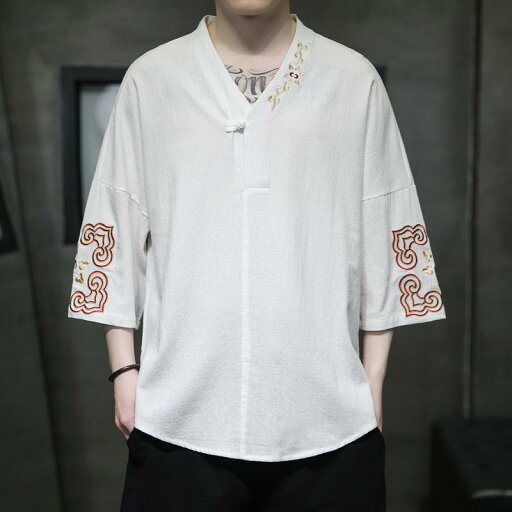 Tシャツ カットソー メンズ 中国風 エスニック 古風 刺繍 Vネック チャイナボタン 綿麻 コットンリネン 薄手 軽量 半袖 七分袖 ゆったり リラックスフィット 大きいサイズ ビッグサイズ 春夏 カジュアル 普段着 白 黒 灰青 Tシャツ カットソー メンズ 中国風 エスニック 古風 刺繍 Vネック チャイナボタン 綿麻 コットンリネン 薄手 軽量 半袖 七分袖 ゆったり リラックスフィット 大きいサイズ ビッグサイズ 春夏 カジュアル 普段着 白 黒 灰青