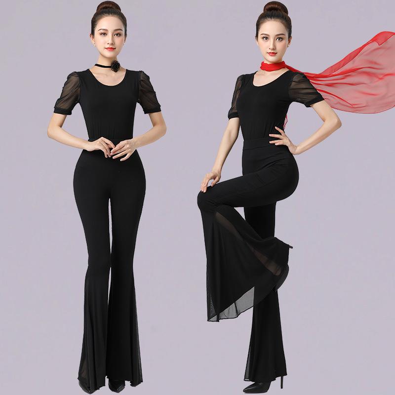 ダンスウェア レディース パフスリーブトップス ワイドフレアパンツ セットアップ レッスン着 ボディメイク 高伸縮 スリムフィット モダール綿混 エレガント ブラック
