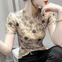 Tシャツ レディース 半袖 ラウンドネック メッシュ素材 花柄 プリント スリムフィット 着痩せ ストレッチ 夏 きれいめ 通勤 大人カジュアル