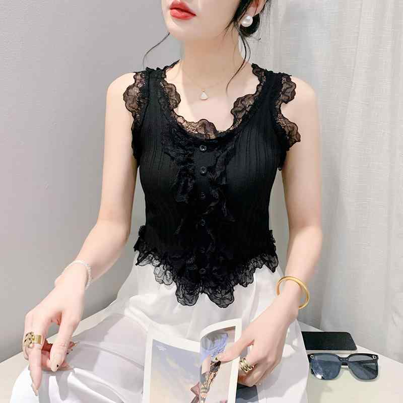 シャツ ニット トップス レディース レース使い キャミソール プルオーバー ノースリーブ スリムフィット バックオープン 無地 インナー 重ね着 春夏 アクリル スパンデックス ストレッチ エレガント 通勤 ベーシック