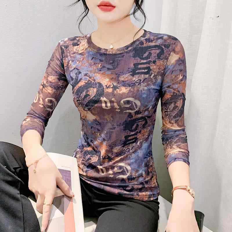 シャツ トップス レディース 春秋 欧米風 ファッション トレンド メッシュ シアー スパンデックス 配置花柄プリント 長袖 ラウンドネック スリムフィット 着痩せ レギュラー丈 エレガント きれいめ 通勤 オフィス カジュアル アーバンスタイル