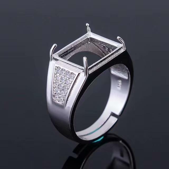 指輪 男性用 メンズリング 925シルバー 18Kホワイトゴールドメッキ 長方形 空枠 開口 サイズ調整可能 シンプル 上品 デザイン 普段使い フォーマル カジュアル 手元アクセサリー(x2)(4)