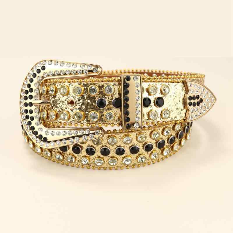 ベルト レディース パンクロック 欧米風 ダークゴシック ラインストーン ビジュー ドットスタッズ 鋲 アクリル パール加工 光沢 電気メッキ加工 PUレザー ブラック 合金バックル ピンバックル(x2)