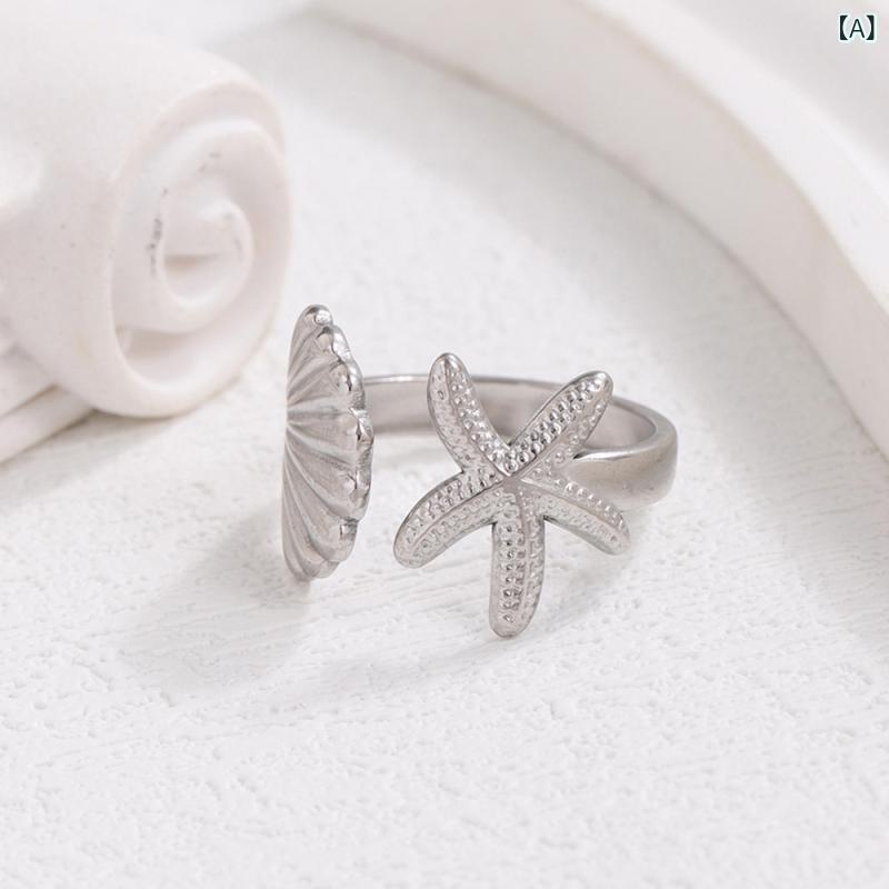 花りぼんの指輪 レディース シェル 貝殻 ヒトデ スターフィッシュ オープンリング フリーサイズ リゾート マリン 個性的 大胆 チタン鋼 ステンレス ゴールドメッキ 高級感 変色しにくい シルバー ゴールド｜アングル2