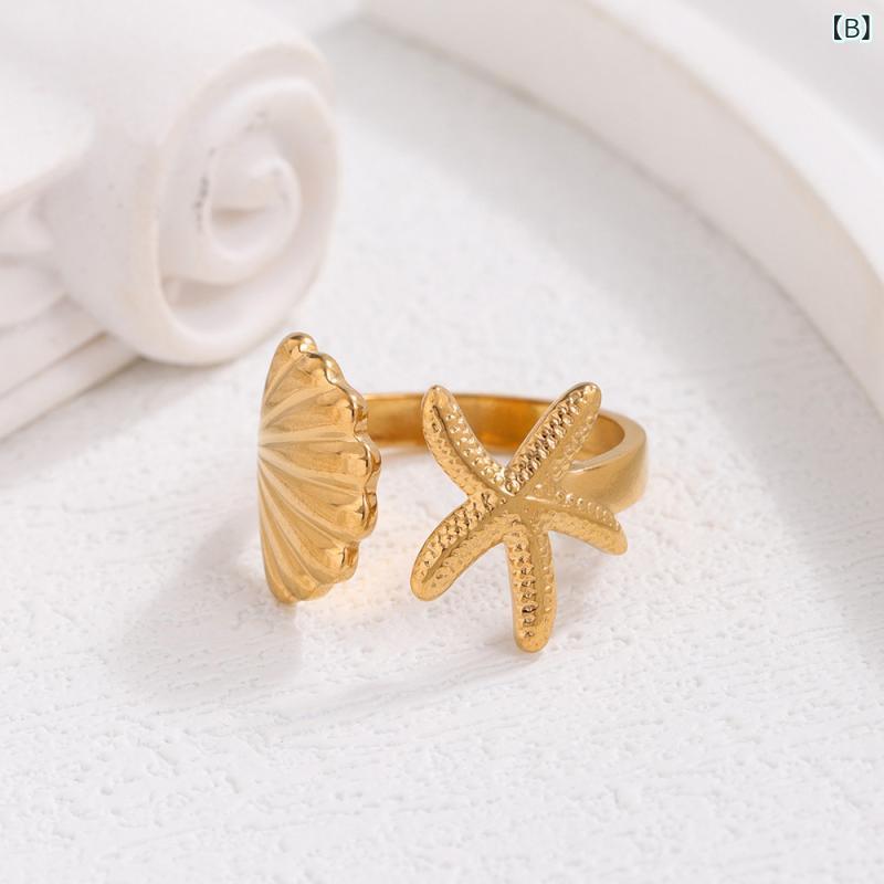 花りぼんの指輪 レディース シェル 貝殻 ヒトデ スターフィッシュ オープンリング フリーサイズ リゾート マリン 個性的 大胆 チタン鋼 ステンレス ゴールドメッキ 高級感 変色しにくい シルバー ゴールド｜アングル3