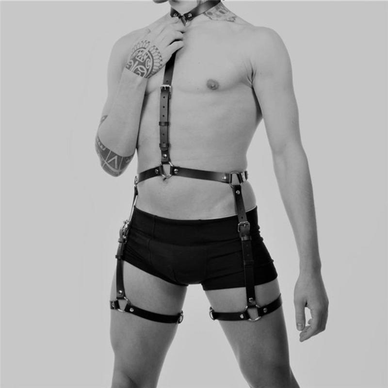 ハーネス メンズ セクシー ボンデージ 拘束具 PUレザー 合成皮革 パンク ロック 円形リング スタッズ 電気メッキ加工 ブラック サイズ調節可能(x2)