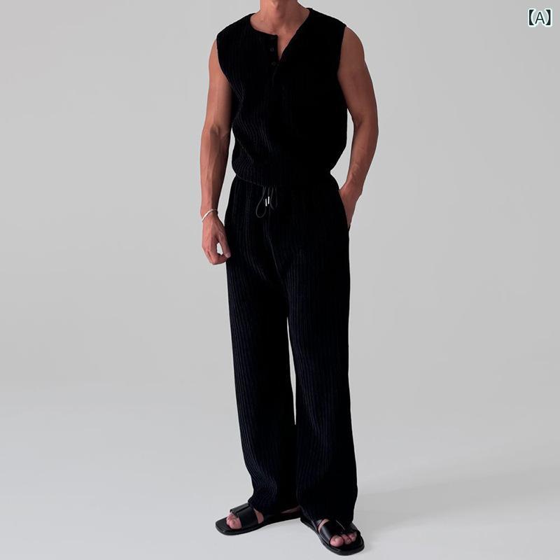 セットアップ メンズ 夏 ノースリーブ ヘンリーネック タンクトップ 綿混 ポリエステル カジュアル ゆったり ロングパンツ ストライプ 普段使い ルームウェア 上下セット