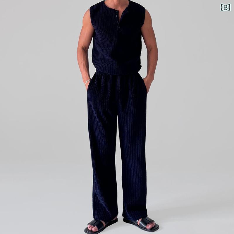 セットアップ メンズ 夏 ノースリーブ ヘンリーネック タンクトップ 綿混 ポリエステル カジュアル ゆったり ロングパンツ ストライプ 普段使い ルームウェア 上下セット