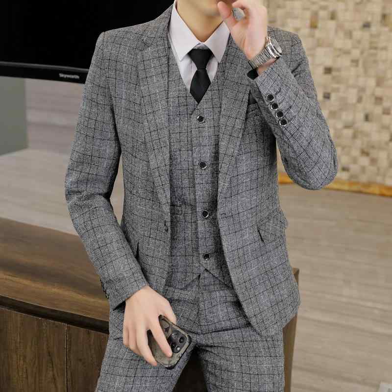スーツ メンズ 男性用 ビジネス フォーマル 結婚式 スリムフィット スリーピース 3点セット ポリエステル コットンブレンド 高耐久性 シワになりにくい 春秋 グレー ブラウン