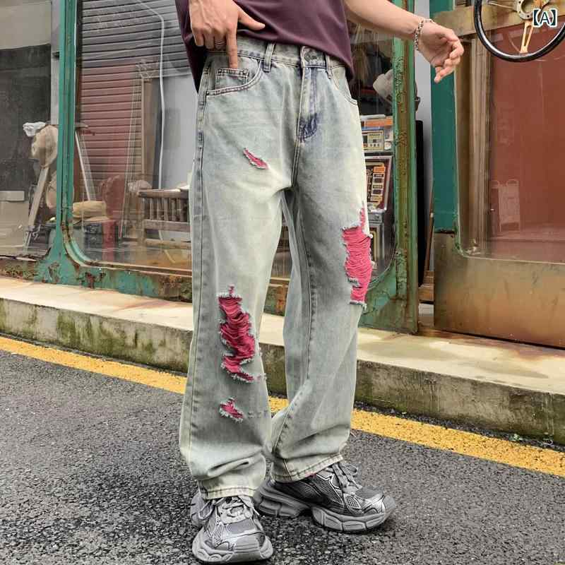 デニムパンツ メンズ ライトブルー ダメージ加工 薄手 ゆったり ストレート アメカジ ストリート レトロ カジュアル 綿 春夏 普段使い