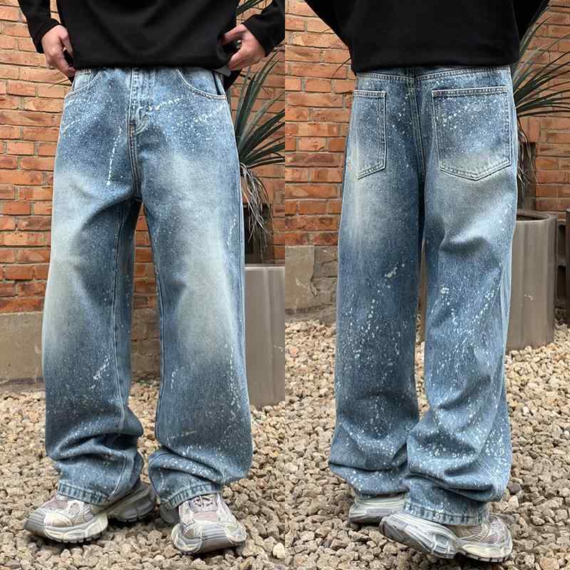 デニムパンツ メンズ ルーズストレート ワイドシルエット ゆったり 太め ライトブルー ペイント加工 ウ..