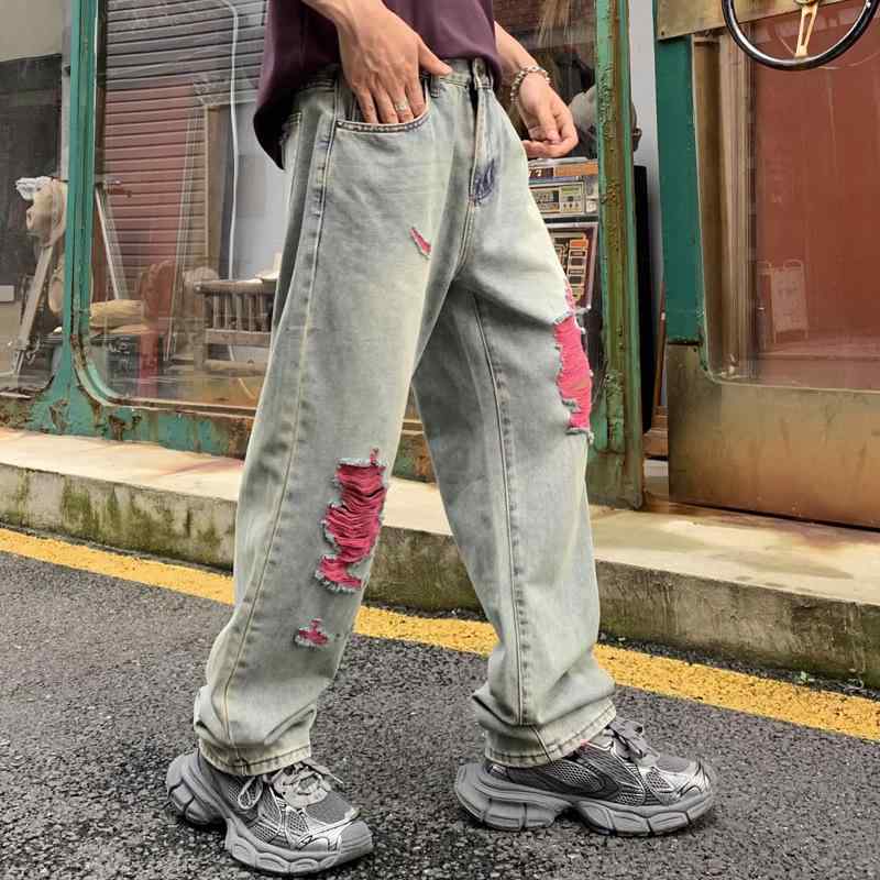 デニムパンツ メンズ 男性 ルーズフィット ストレート ウォッシュ加工 ダメージ加工 アメカジ トレンド コットン ブルー カジュアル ストリート ヴィンテージ ストレッチ 春秋