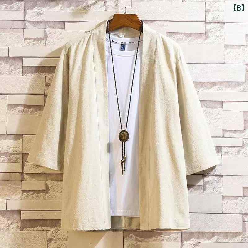 羽織 男性用 メンズ 中国風 和風 麻 リネン ナチュラルカラー 七分袖 開襟 カーディガン 大きいサイズ ビッグシルエット 春夏 普段使い カジュアル リラックス