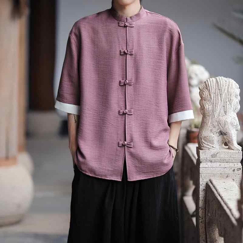 シャツ メンズ 春夏 薄手 防シワ 接触冷感 ポリエステル 五分袖 ゆったり 大きいサイズ 唐装 新中式 漢服 日常使い カジュアル