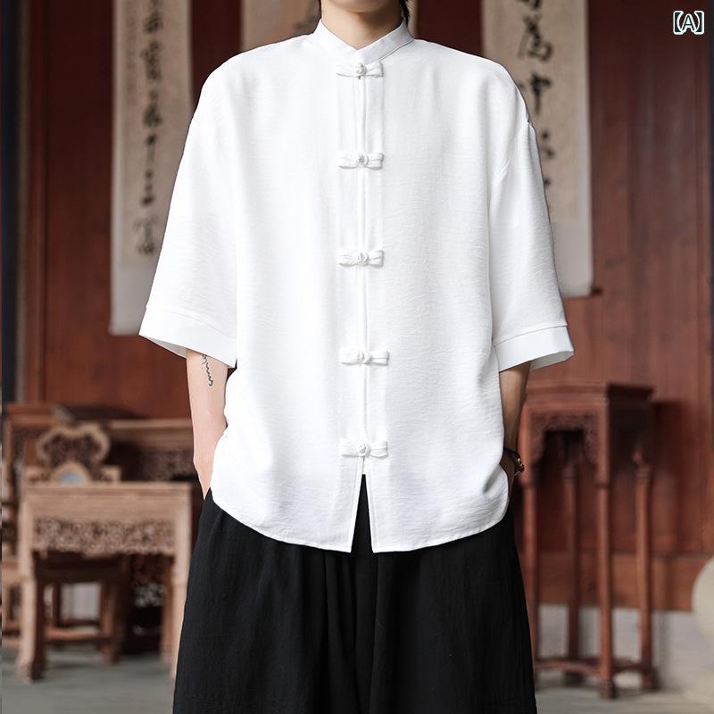 シャツ メンズ 春夏 薄手 防シワ 接触冷感 ポリエステル 五分袖 ゆったり 大きいサイズ 唐装 新中式 漢服 日常使い カジュアル