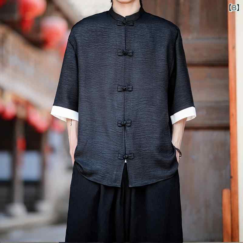 シャツ メンズ 春夏 薄手 防シワ 接触冷感 ポリエステル 五分袖 ゆったり 大きいサイズ 唐装 新中式 漢服 日常使い カジュアル