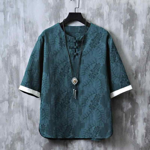 Tシャツ メンズ 中国風 半袖 レトロ ジャガード織り 綿麻 リネン 再生繊維 新中国スタイル 居士服 禅服 唐装 春夏 グレー ブルー ブラック Tシャツ メンズ 中国風 半袖 レトロ ジャガード織り 綿麻 リネン 再生繊維 新中国スタイル 居士服 禅服 唐装 春夏 グレー ブルー ブラック