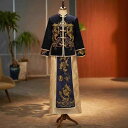 メンズ フォーマルスーツ 新郎 結婚式 中国風 秀禾服 唐装 漢服 ウェディング 披露宴 礼服 大きいサイズ ポリエステル ネイビー ドラゴン柄