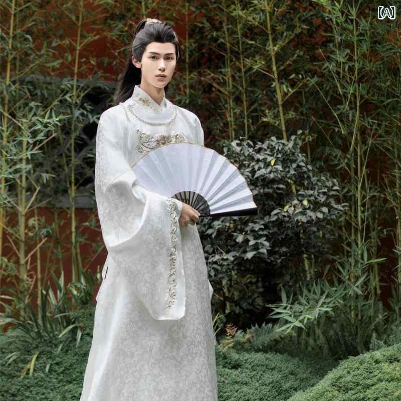 漢服 メンズ 男性用 中国風 古装 時代衣装 明朝 唐朝様式 円領袍 道袍 ロング丈 長袖トップス 麻混紡 ポリエステル ホワイト 春夏 普段使い