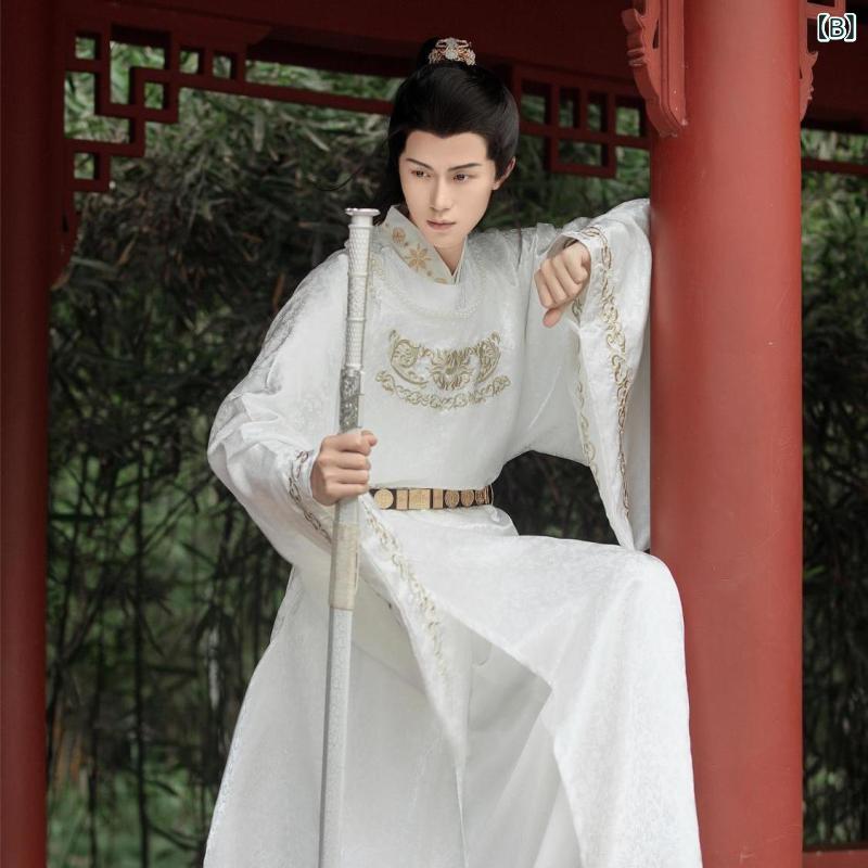 漢服 メンズ 男性用 中国風 古装 時代衣装 明朝 唐朝様式 円領袍 道袍 ロング丈 長袖トップス 麻混紡 ポリエステル ホワイト 春夏 普段使い