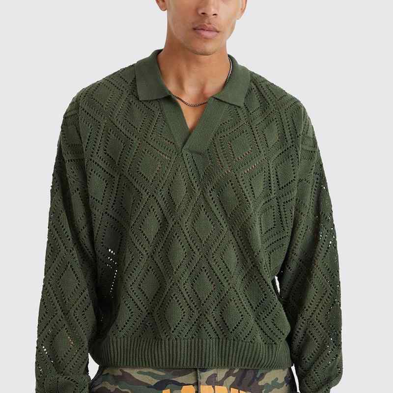 ニット メンズ プルオーバー 長袖 ルーズフィット カジュアル 透かし編み 無地 襟付き ポリエステル トップス 秋冬 ウォッシャブル 普段使い(4)