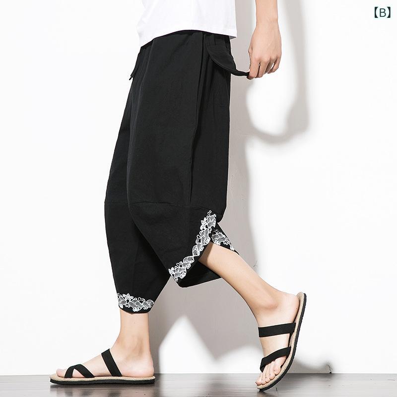 パンツ メンズ 男性用 クロップドパンツ 七分丈 サルエルパンツ ハーレムパンツ 綿麻 コットンリネン ゆったり ルーズ ワイド 中華風 エスニック レトロ カジュアル 大きいサイズ 薄手 無地 ドローコード 春夏 夏服